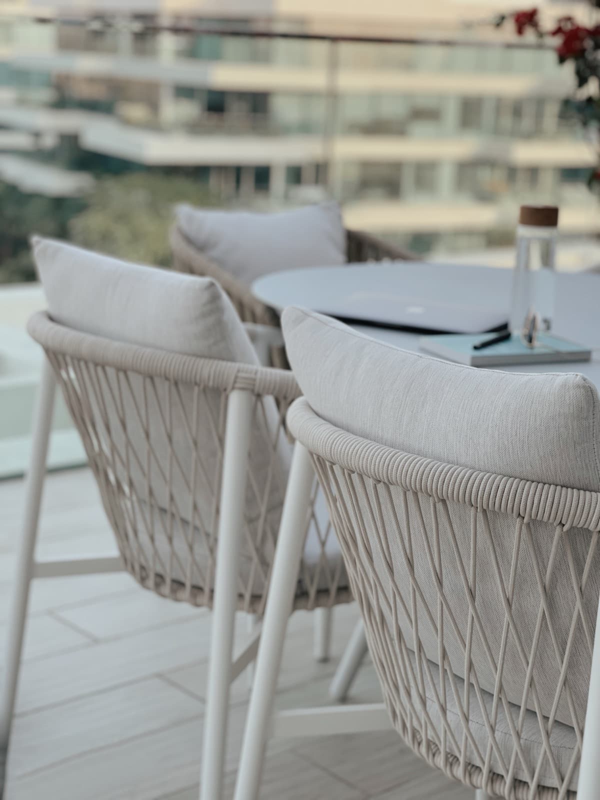 BLOOM AIR dining chairs on an Al Barari balcony, Dubai