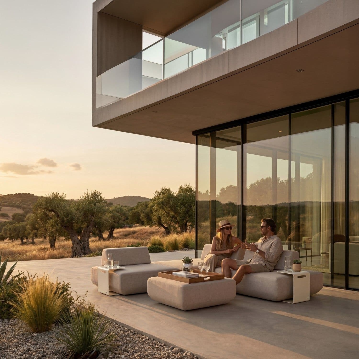 BLOOM Loft mobiliario de exterior de lujo en terraza moderna al atardecer, con vistas mediterráneas. Sofá premium de tela y m