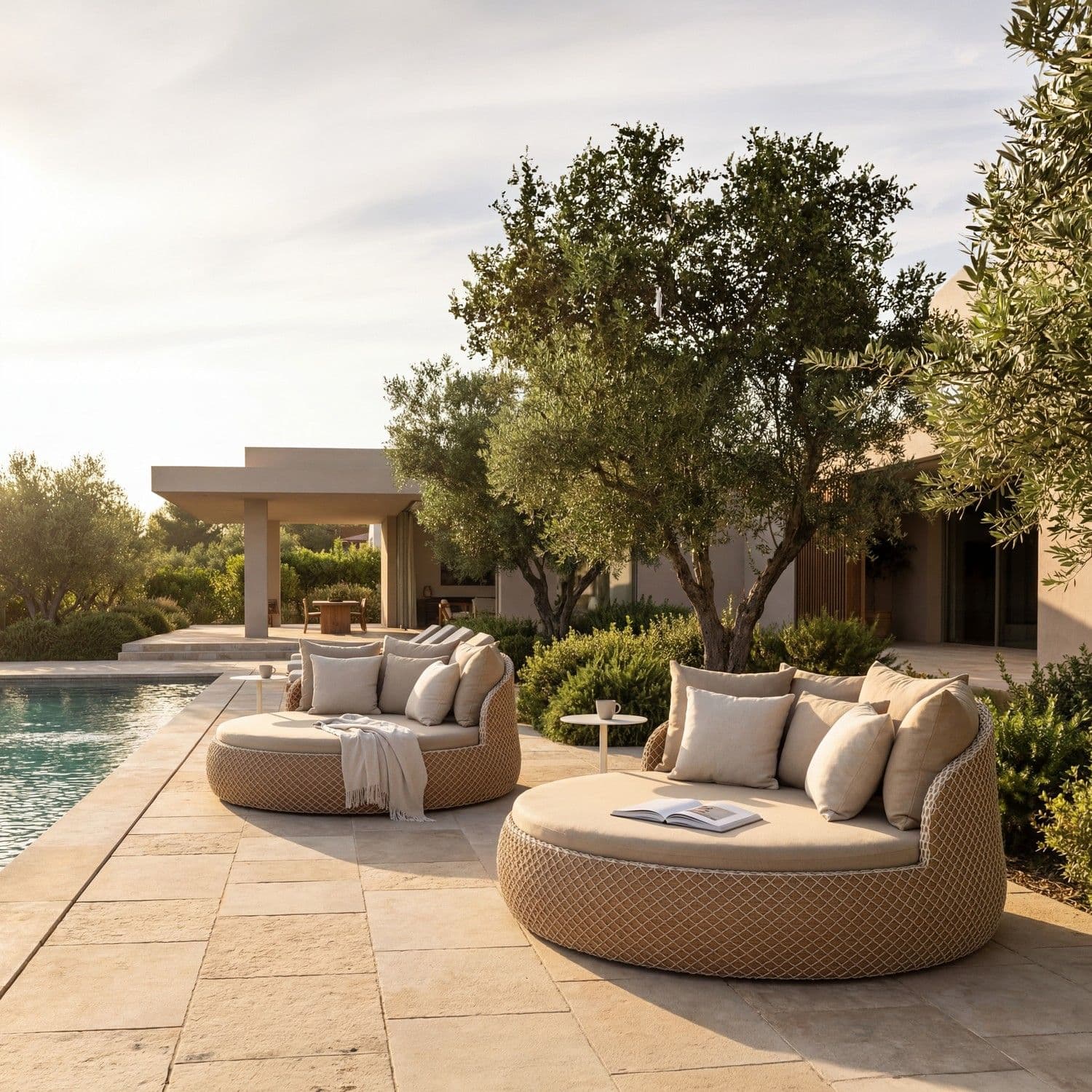 BLOOM Kali tumbonas de lujo tejidas en una terraza de piscina soleada. Mobiliario premium para hoteles y residencias exclusiv