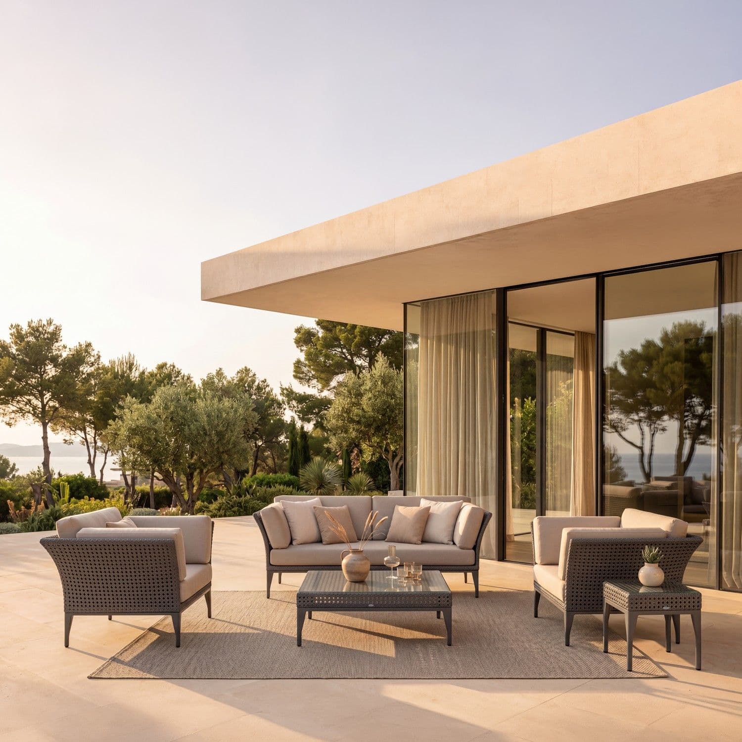 BLOOM Reef mobiliario de exterior de lujo en terraza costera premium. Sofá, sillones y mesa de centro tejidos, con vistas al