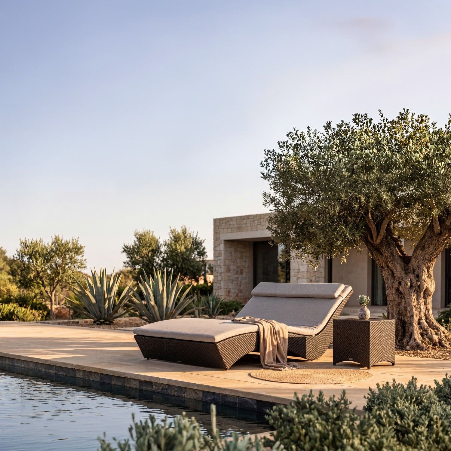 BLOOM Monte Carlo, muebles de exterior de lujo: tumbona y mesa auxiliar de ratán junto a una piscina, para un mobiliario prem