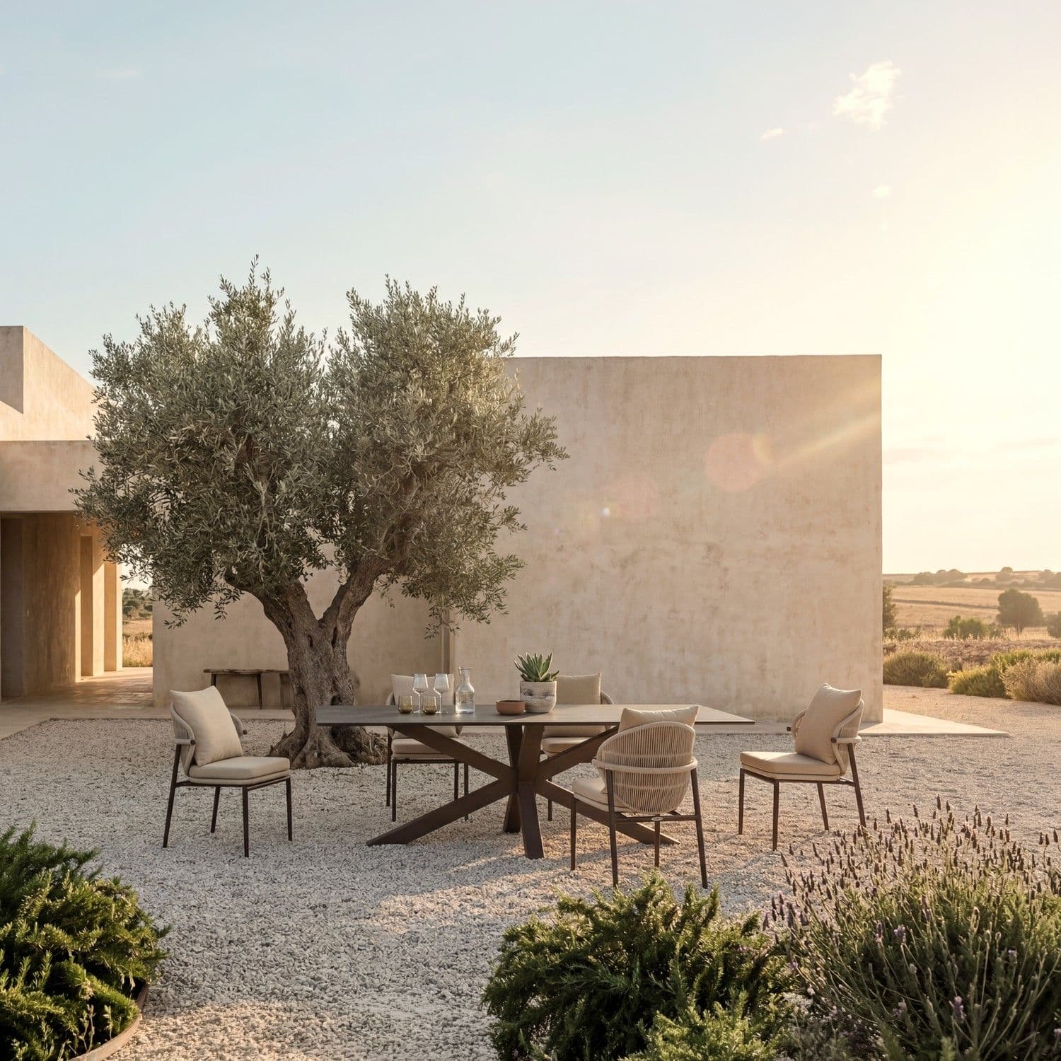BLOOM Matrix muebles de exterior de lujo. Elegante mesa y sillas de diseño en una terraza mediterránea con olivo, ideal para