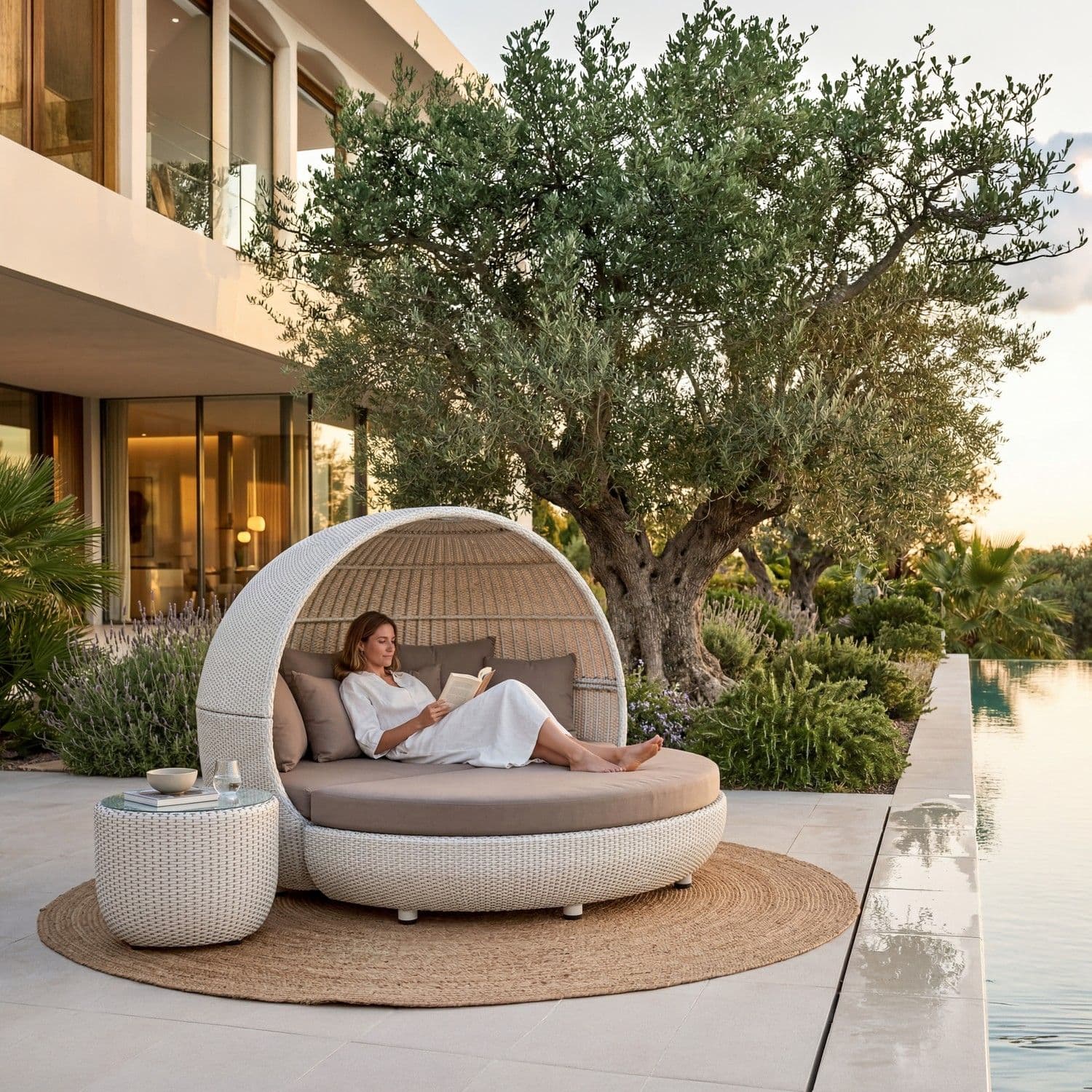 BLOOM Lagoon mobiliario de exterior de lujo: tumbona redonda y mesa auxiliar junto a piscina infinita. Diseño premium para ho