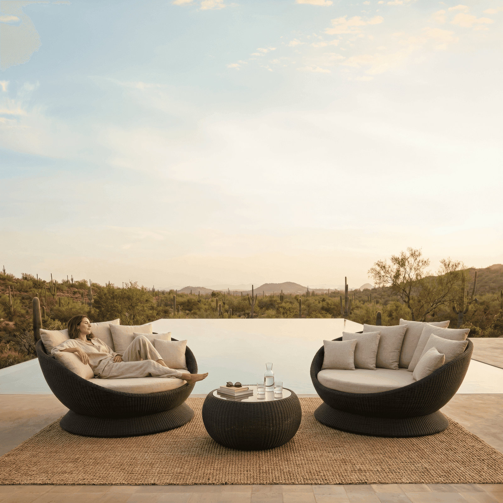 Two Cosmos woven daybeds with light cushions, matching coffee table, by infinity pool overlooking a desert landscape at.
