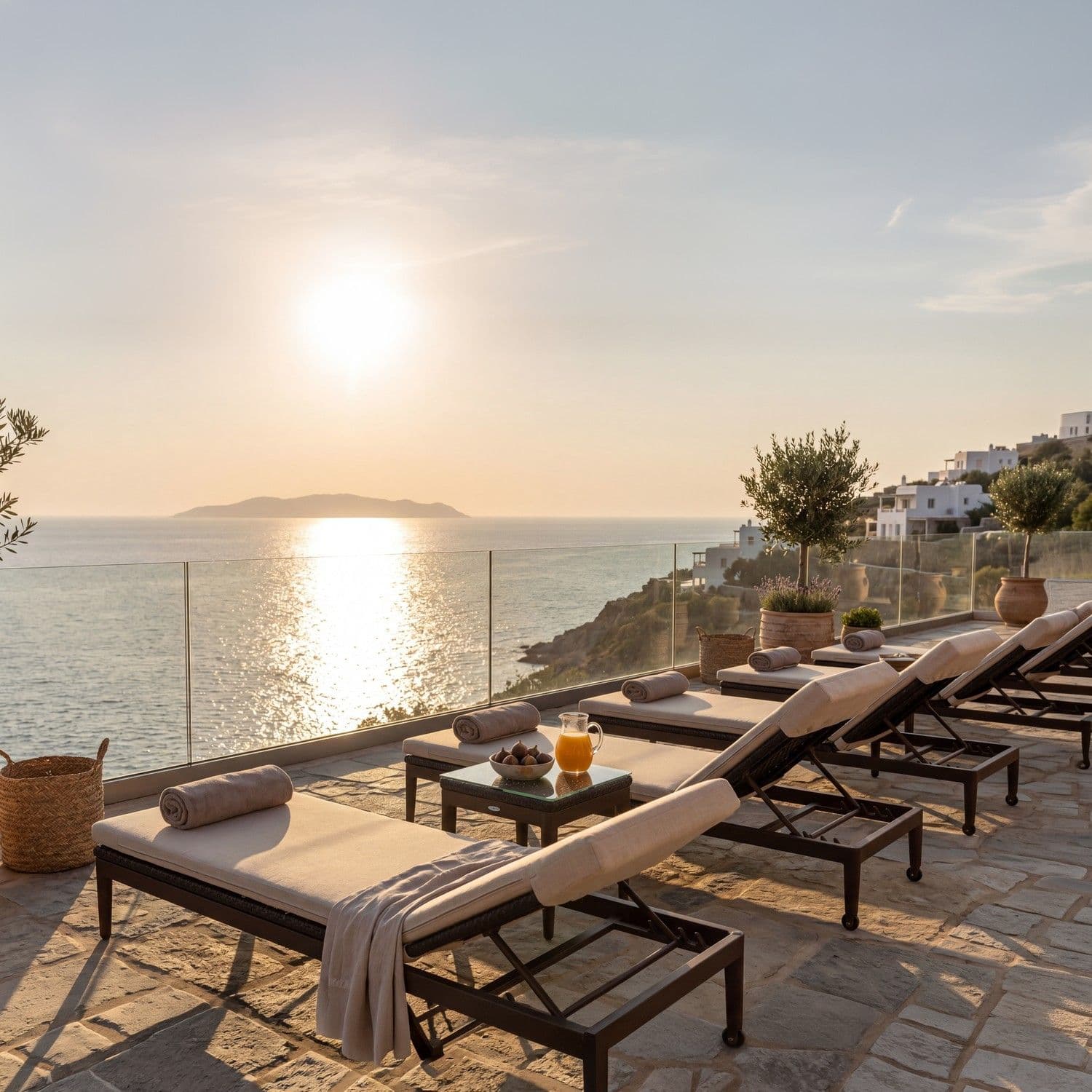 BLOOM Colección Pure: tumbonas de lujo y mobiliario premium para terraza en un exclusivo resort costero al atardecer.