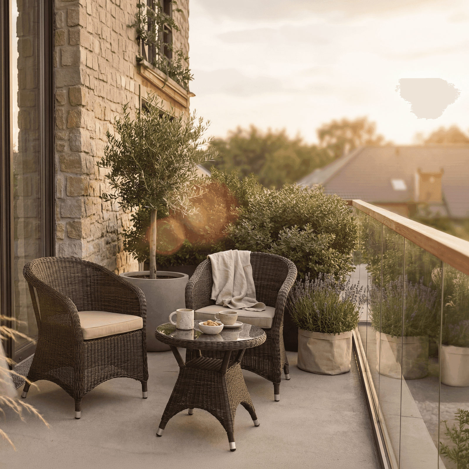 Two Hampton wicker armchairs with cushions and a matching side table on a luxury balcony with an olive tree and sunset views.