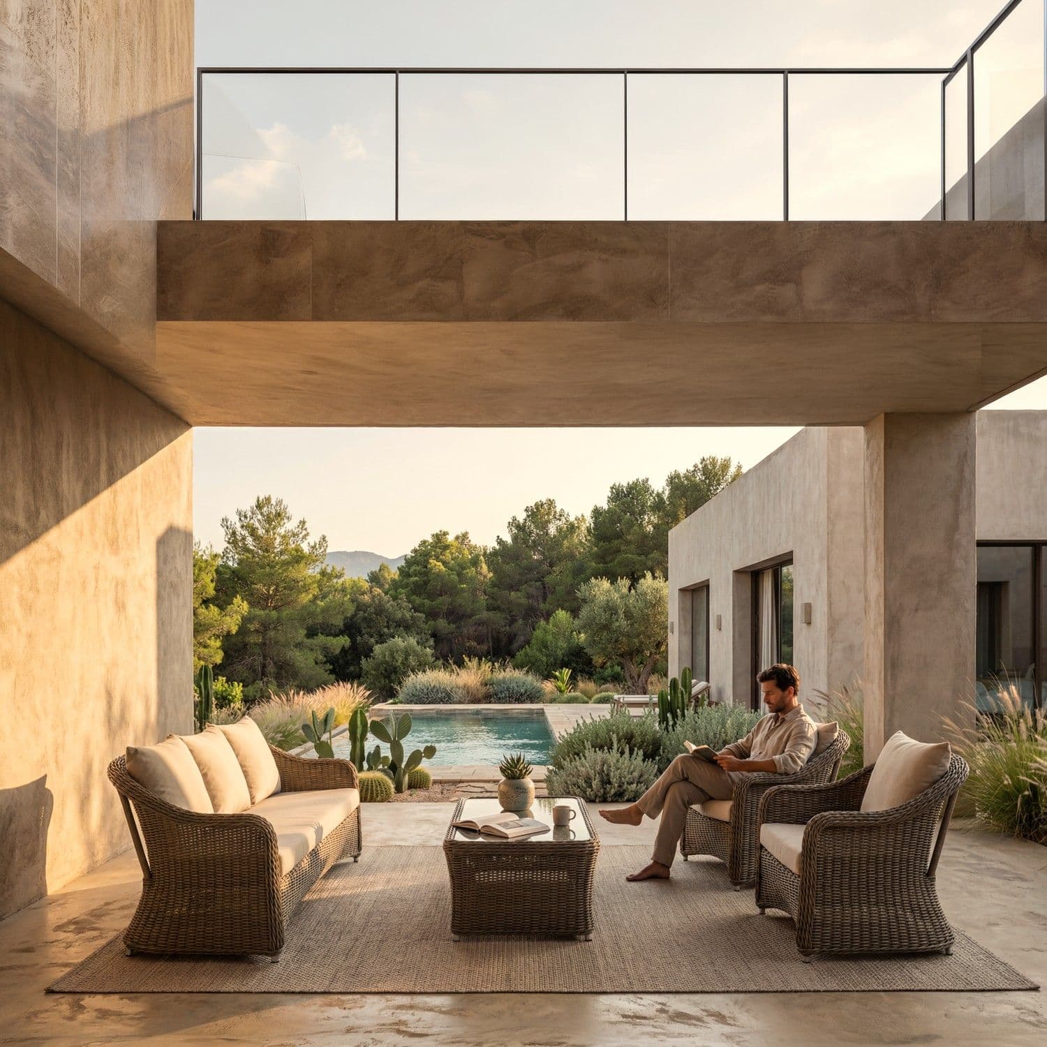 BLOOM Santiago, mobiliario de exterior de lujo tejido en terraza de piscina. Sofá, sillones y mesa de centro premium para un