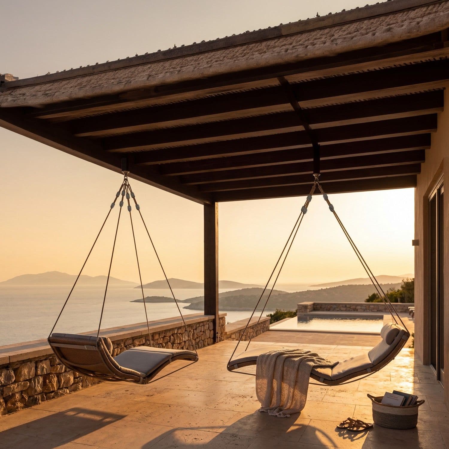 BLOOM Santai, tumbonas colgantes de lujo en una terraza costera premium con vistas al mar al atardecer. Mobiliario de exterio