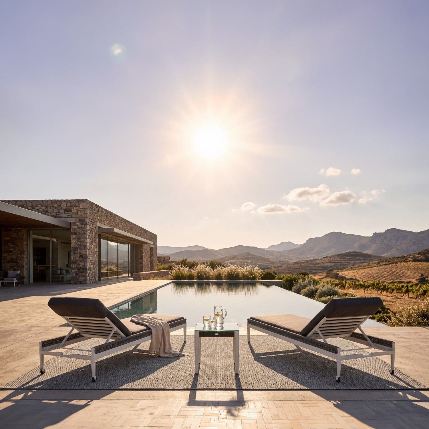BLOOM Twist tumbonas de lujo junto a una piscina infinita en una villa de diseño con vistas a la montaña. Mobiliario premium