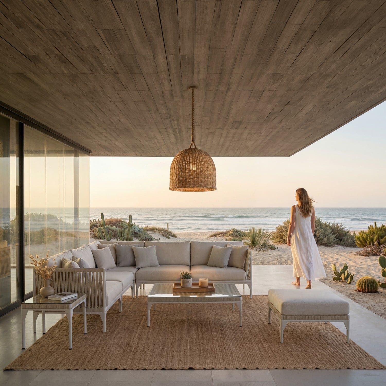 BLOOM Loop mobiliario de exterior de lujo en terraza costera. Sofá seccional premium con detalles trenzados para hoteles y vi