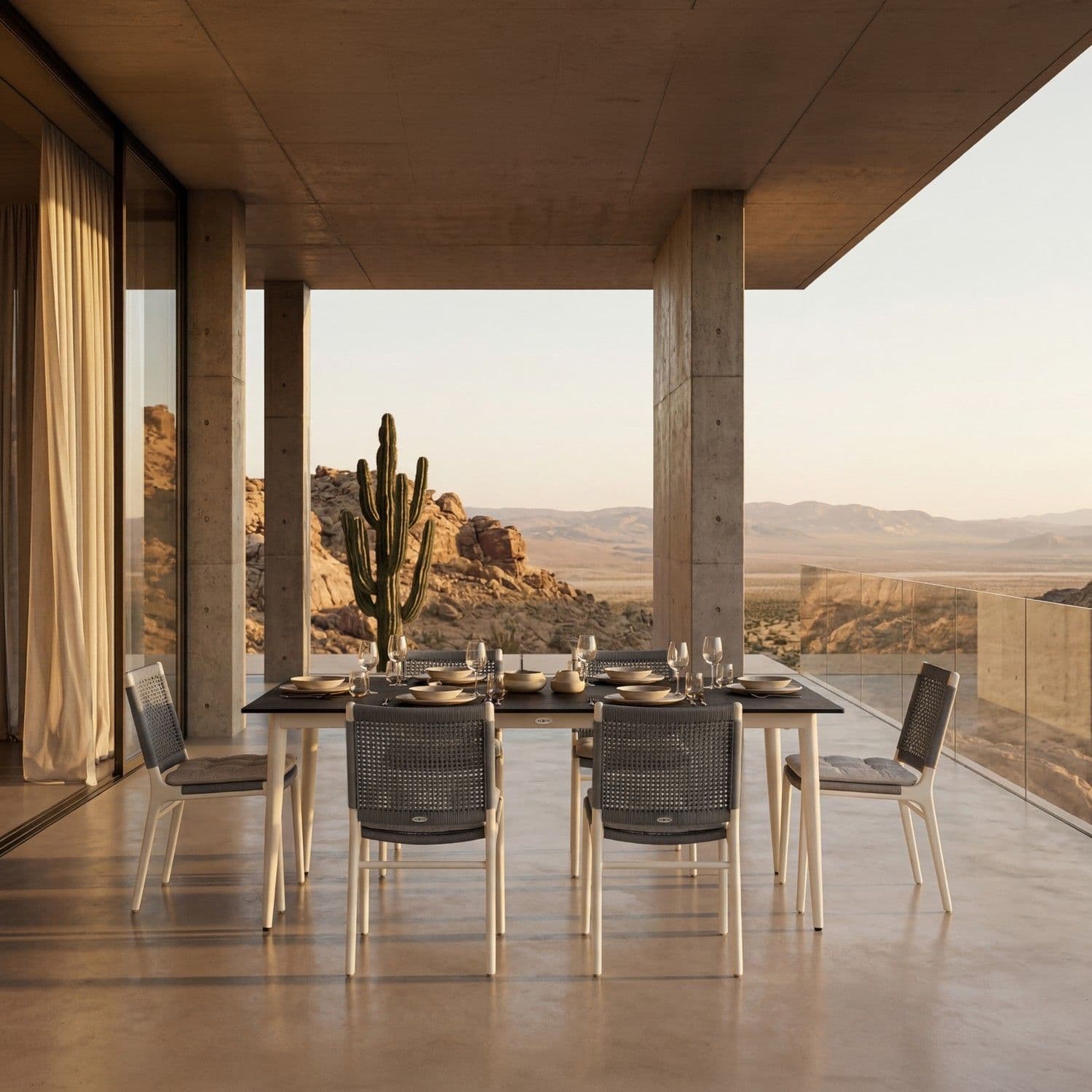 BLOOM Sol mobiliario de exterior de lujo para comedor en terraza desértica, con sillas tejidas y mesa premium, ideal para hot